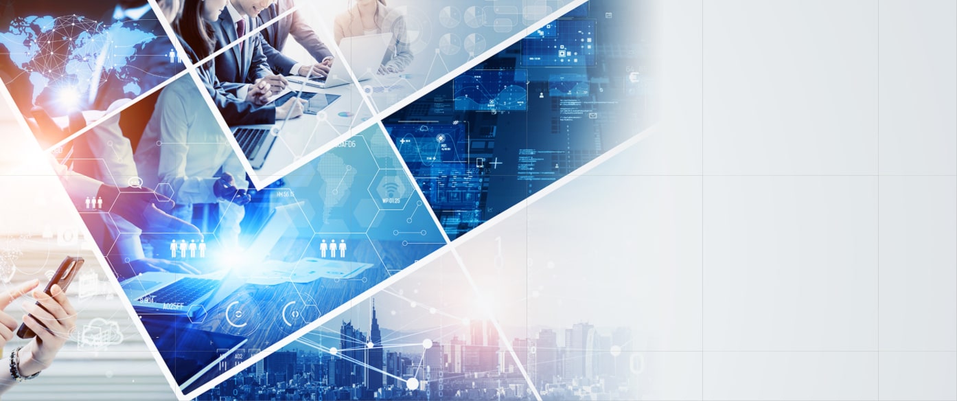 グローバルネットワークを背景にビジネス会議を行うチーム